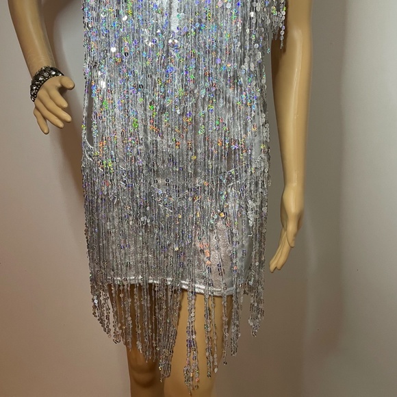 Vintage gatsby silver iridescent sequin fringe mini dress with sequin v neck! - Picture 5 of 15
